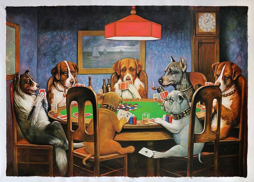 Painting of dogs gathered around a poker table, each holding cards and surrounded by poker chips, drinks, and cigars in a warmly lit room — a humorous classic artwork scene.