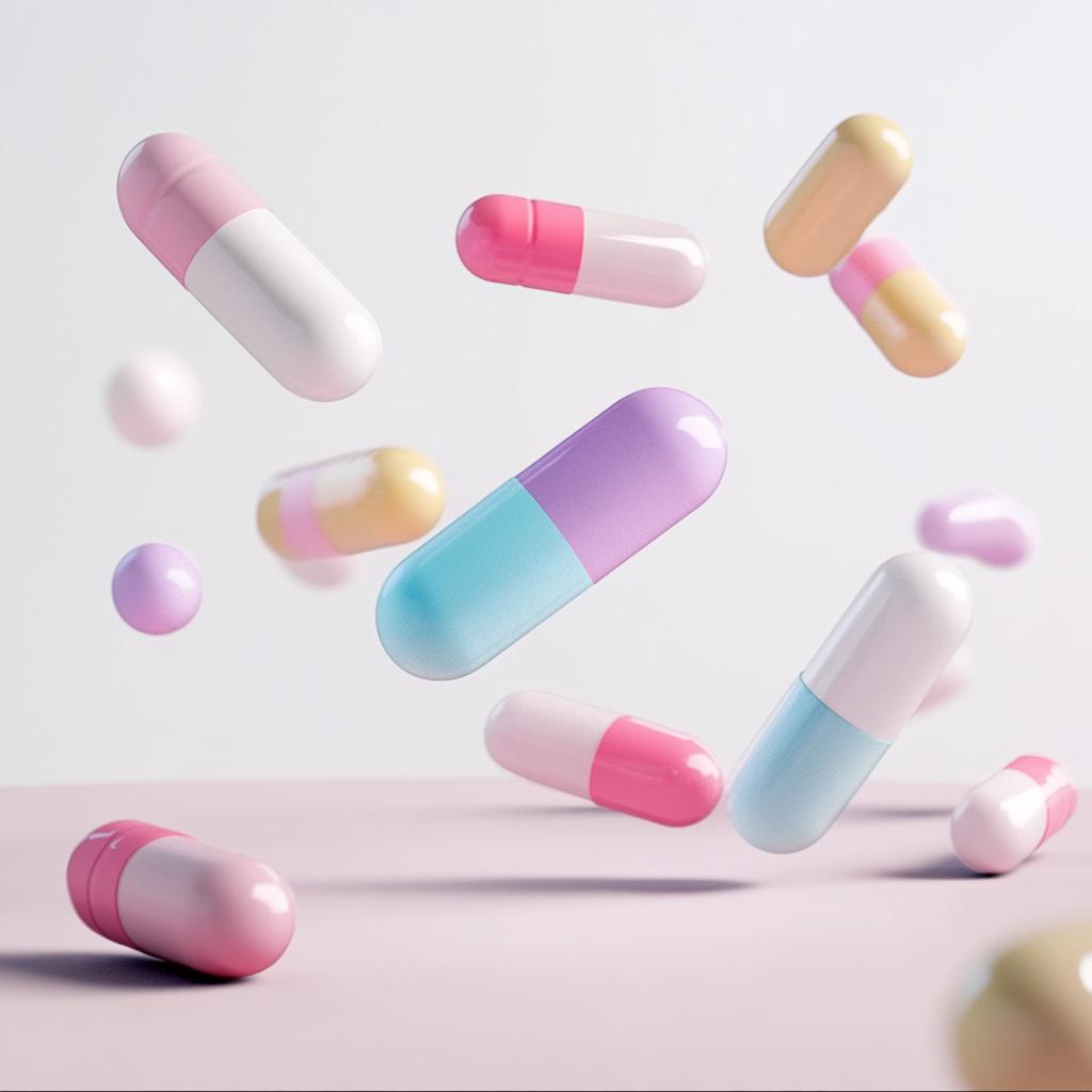 Colorful pastel capsules floating in midair against a soft, minimal background, with smooth glossy surfaces and gentle lighting creating a clean, modern pharmaceutical aesthetic.