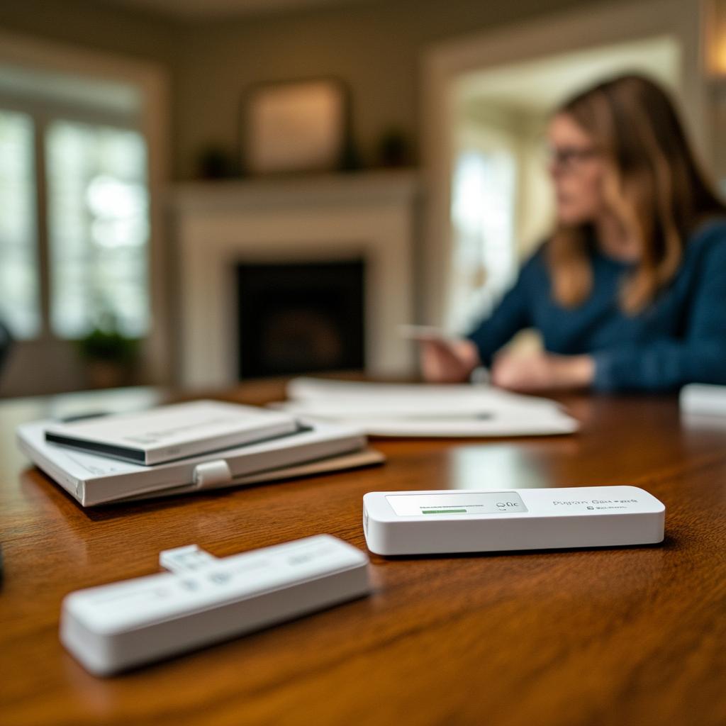 A home setting with medical test devices placed on a wooden table, including a digital testing kit and test strips in clear focus, while a woman in the background sits blurred, holding a phone or test results near a fireplace.
