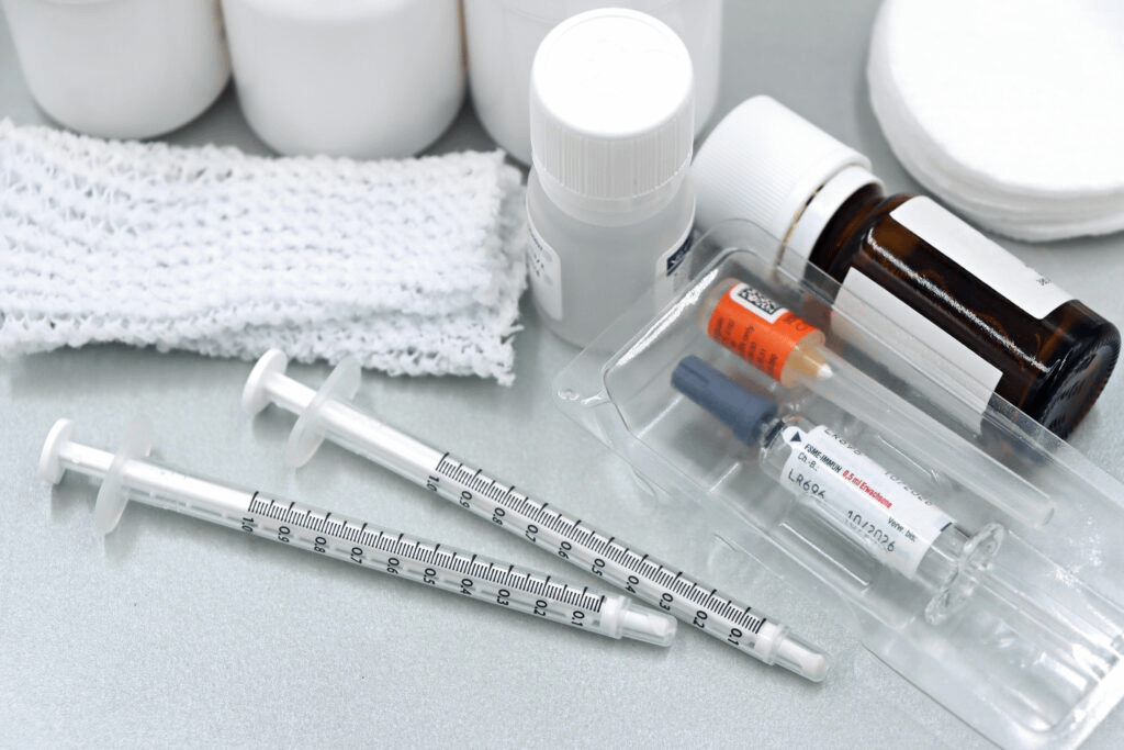 Various medical supplies arranged on a clean surface, including two disposable syringes, medication vials in plastic packaging, brown and white medicine bottles, cotton pads, and gauze.