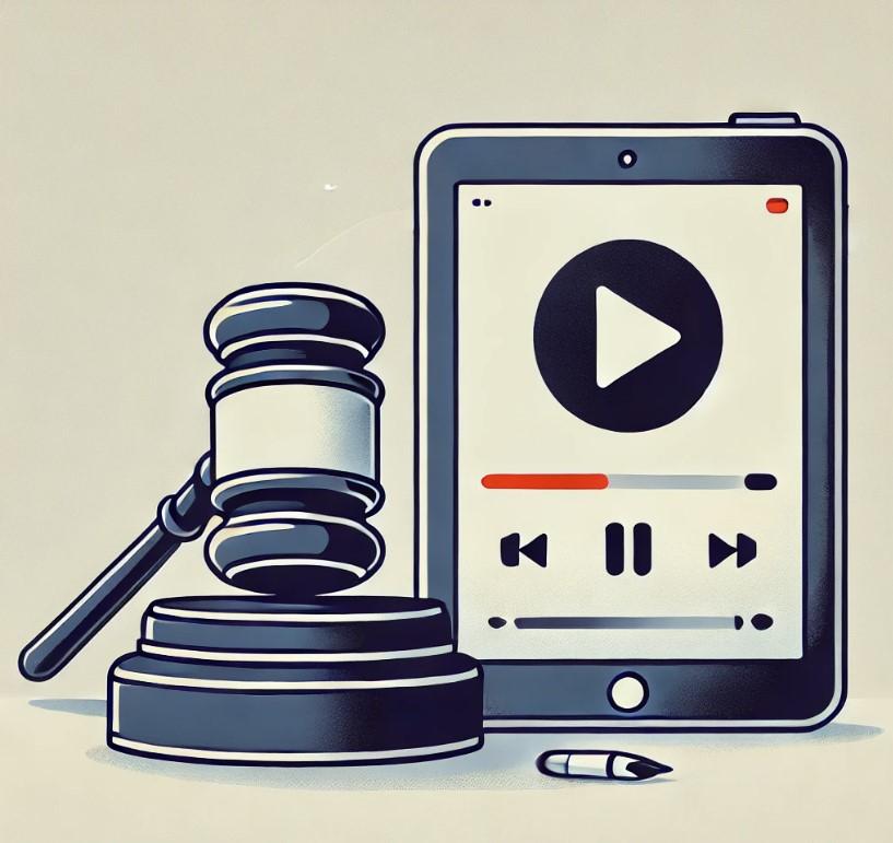 A judge’s gavel resting on its base beside a digital tablet displaying a large play button and media controls, all illustrated in a clean, stylized design.
