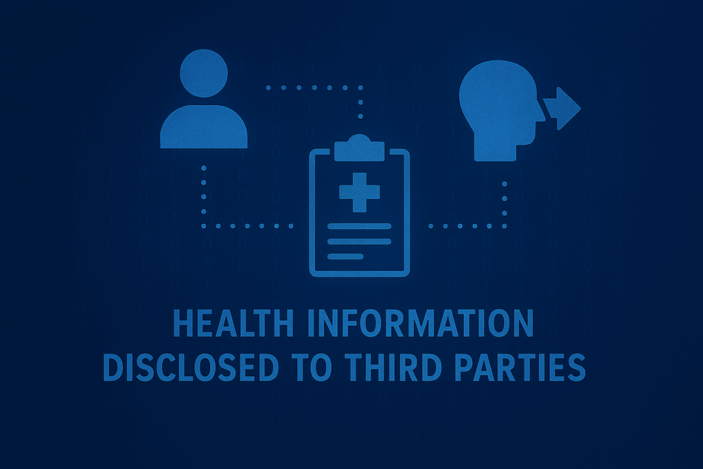 A dark blue background graphic showing three icons connected by dotted lines: on the left, a generic person silhouette; in the center, a clipboard with a medical cross symbol; and on the right, a head silhouette with an arrow pointing outward, representing information being shared. Beneath the icons, bold text reads “HEALTH INFORMATION DISCLOSED TO THIRD PARTIES.” Subtle binary code fades into the background, emphasizing data, privacy, and digital information transfer.
