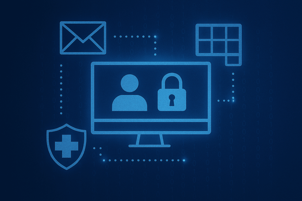 A glowing blue illustration showing a computer monitor with a user icon and padlock symbol, surrounded by connected icons for email, a digital grid, and a medical shield, all set against a dark background with faint binary code.