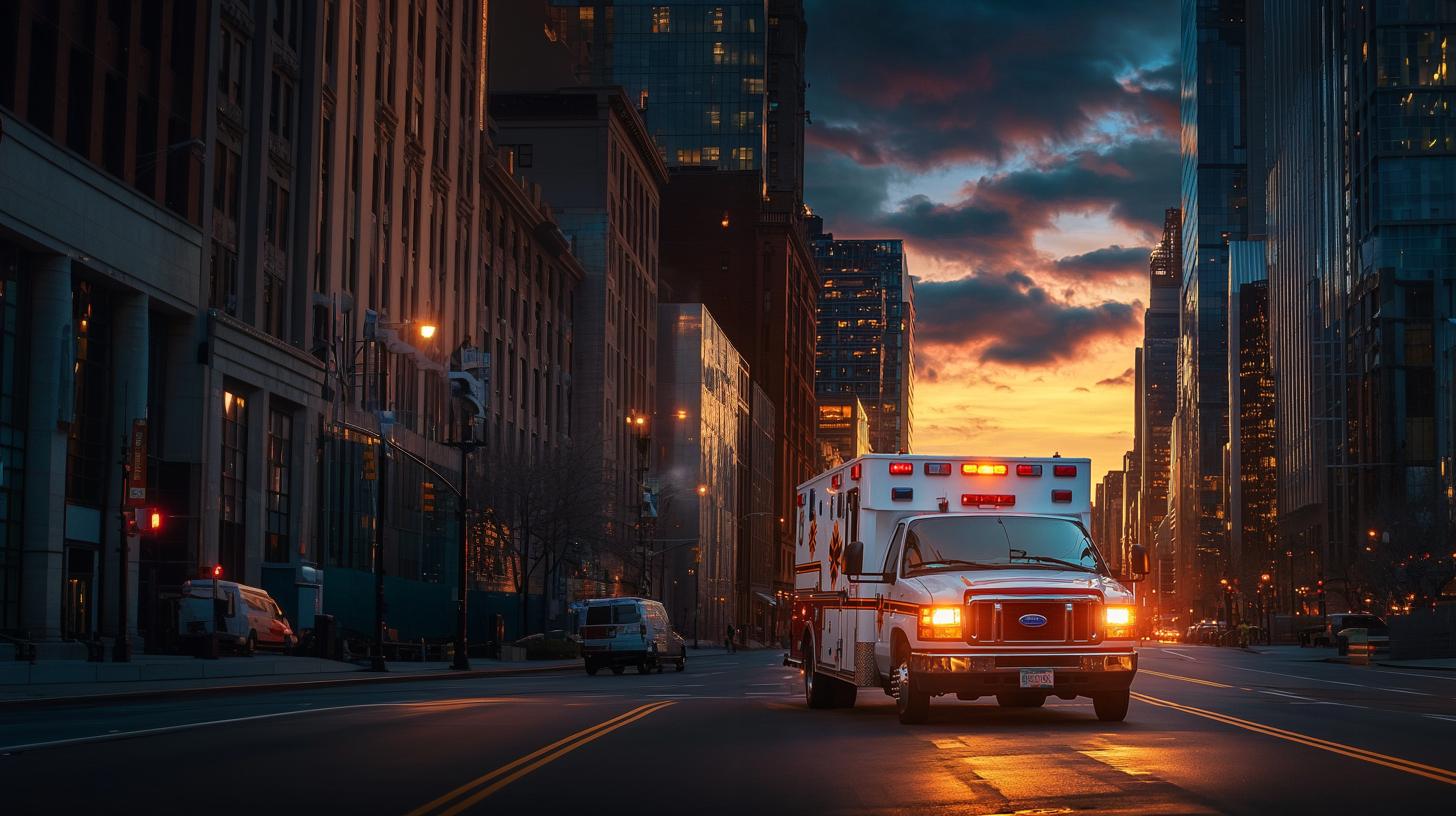 Ambulance driving through a city street at sunset, with glowing lights reflecting off tall buildings and dramatic clouds in the sky.